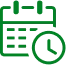 Green icon of a calendar with a clock overlay.