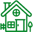 Green outline icon of a house with a chimney, a fence, and a tree.
