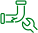 Green line icon of a broken pipe with a wrench next to it.