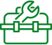 Green line icon of a toolbox with a wrench.